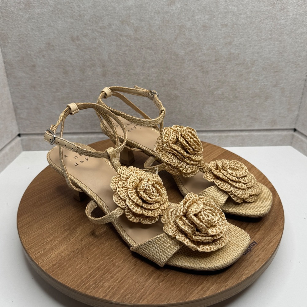 A New Day Women's Size 7 Beige Raffia‎ Flower Ankle Strap Heeled Sandals